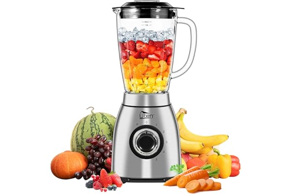 Uten Blender à Smoothie 2 L, Mixeur de Cuisine 1800 W, Impulsion et 5 Vitesses, Mixer sur Pied avec Bocal en Verre, Boîtier en Acier Inoxydable, Lame à 6, pour Milkshakes, Grains de Café Moulus