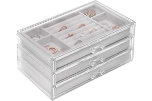 Sasha Morel Jewellery Box with 3 Storage Drawers | Earring Storage Organiser for Ring Bracelet Necklace Storage Box | Acrylic Display Case Gift Box | Jewellery Organiser Gifts for Women (Grey)