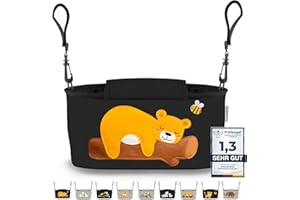 GRINSEZWERGE Kinderwagen Organizer 12 Motive mit Feuchttuchspender I Kinderwagen Tasche mit Schultergurt I Kinder Buggy Organizer I Kinderwagentasche Aufbewahrungstasche Baby Stroller Bag schwarz Bär