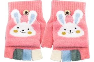 Zolunu Kids Fingerless Gloves Winter Warm Convertible Flip Top Gloves Soft Knit Lining and Elastic Cute Cartoon for Kids Boy Girls 7-10 Years