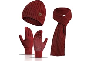 Meajore Mütze Schal Handschuhe Set für Damen & Herren 3 in 1 Winter Beanie Mütze Hals Warmer Schal Touchscreen Handschuhe Strickset