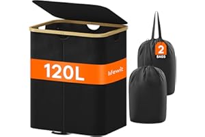 Lifewit Panier a Linge 2 Compartiment 120L avec Couvercle, Corbeille a Linge avec Poignées Bambou et Double Sac à Linge Amovible, Paniere Linge Pliable pour Chambre, Salle de bain, Buanderie, Noir