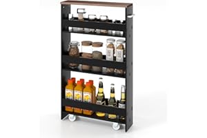 GIANTEX Carrello per Nicchia con Ruote, 4 Livelli，Carrello di Servizio Stretto Salvaspazio, Carrello da Bagno, Scaffale da Cucina Sottile Multiuso 47,5 x 13 x 80,5 cm (Nero+Marrone)