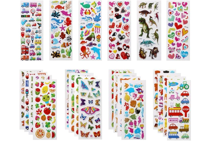 Vicloon 3D Stickers for Kids, 22 Variety Sheets 600+ Puffy Stickers, Children Sticker for Party Rewarding Gifts Scrapbooking Including Animals Fish Dinosaurs Numbers Fruits Trucks for 3+ Years