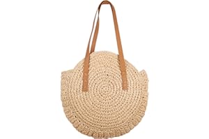 ShopINess Bolso de Rafia Redondo para Mujer Bolso Bohemio Bolso de Paja de Hombro para Uso Diario Viajes Playa