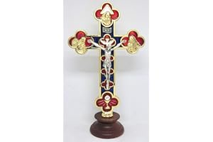 GTBITALY 10.054.21 croce con base legno crocefisso oro terzo millennio padre figlio spirito santo pace comunione inri smaltato a mano 15 cm