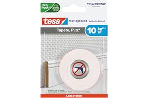 tesa Taśma montażowa tapeta i tynk, 10 kg siły trzymania na metr – mocna, dwustronna taśma klejąca do mocowania na gipsie i tapecie – 1,5 m x 19 mm