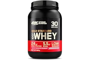 Optimum Nutrition Gold Standard 100% Whey, Proteína, Sabor Chocolate Blanco y Frambuesa, 900g, 30 Servicios