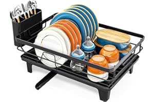 URACKIFY Egouttoir Vaisselle, Égouttoir à Vaisselle Peu encombrant avec Porte-ustensiles, Egoutoire Cuisine pour Évier avec Pieds Surélevés, Egouttoir de Grande Capacité pour Comptoir de Cuisine, Noir