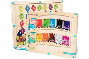 TUNJILOOL 2 in 1 Magnetisches Labyrinth Holzspielzeug Montessori Spielzeug Ab 2 3 4 5 6 Jahre Kinder Feinmotorikspielzeug Zahlen Und Farben Lernspiele Busy Board Geschenk für Mädchen Junge