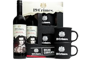 BEAMS INTERNATIONAL 19 Crimes Red Wine Gift Set - Red Blend Australia 750ml and 2 x Official Licensed 19 Crimes Tin Mugs, Official Licensed, Wine Gifts for Men & Women, Birthday Hamper, Stocking, Christmas