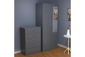 GENERIC Pre-assembled 2-Piece Bedroom Furniture Set, White, 2-Door Mirrored Wardrobe with drawers and 5-Drawer Chest (Grey)