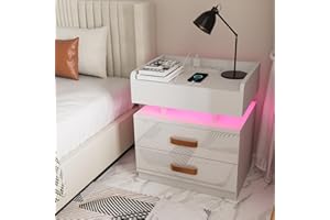 Lvhecforhm Nachttisch Weiß, Nachttische mit 2 Schubladen, Nachttische mit Offenen Fächern Hochglanz Front, Nachttisch Einstellbare Farben, Modern Nachttisch 45x35x52cm für Wohnzimmer Schlafzimmer