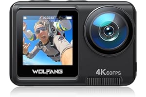 WOLFANG GA420 Cámara Deportiva Doble Pantalla 4K 60FPS 24MP, 10M Cuerpo/40M Impermeable, WiFi Webcam Videocámara Subacuática, Micrófono Dual, Control Remoto, EIS, 2x1350mAh Baterías,Accesorios