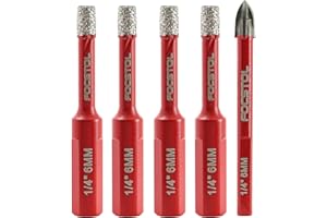 FOCSTOL Juego Brocas Diamante Seco - 4 piezas 6mm Kit Broca Corona Diamante+1 pieza 6mm Taladro Carburo con Vástago Triangular para Gres Porcelanico Cerámica Granito Mármol Cuarzo