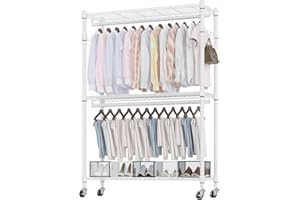 Himimi Perchero de doble barra/Riel para ropa con estantes ajustables en altura, Perchero resistente con 2 ganchos, Rieles para ropa con ruedas, 90 * 42 * 205cm, Blanco