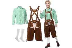 Harsever Costume Oktoberfest Homme,Tenue Costume Bavaroise Homme 3pcs Lederhosen avec Chaussettes Chemise Carreaux,Vêtements Traditionnels Hommes pour Halloween Oktoberfest 2025