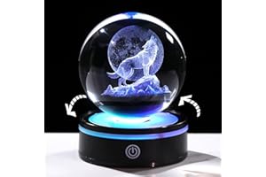 Arikyrist 8cm/3.15in. Crystal 3D Wolf with Moon Figurine Gifts for Men, Collectible Glass Animal Art Sphere for Wolf Lovers Son with Rotatable Light Base on Birthday Home Ornaments