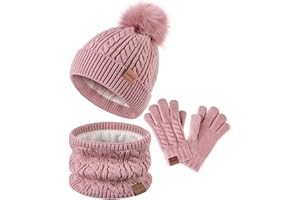 ZUPPAD Hat Scarf and Gloves Set Kids, Winter Bobble Hat Beanie Knit Neck Warmer Gaiter Snood Scarf Gloves Fleece Lined Gifts Set for Girls Toddler Children