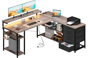 ODK Biurko z szufladami, dwustronne biurko narożne z 2 gniazdami wtykowymi i 2 portami ładowania USB, biurko w kształcie litery L z diodami LED, do domowego biura, szary dąb, 135 x 110 cm