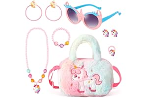 BTHRORO Unicorno Peluche Borsetta Gioielli Set per Bambini, Unicorn Occhiali da Sole Borsa Collana Bracciale Anello Accessori per Capelli Principessa Vestire Gioielli Forniture per Feste