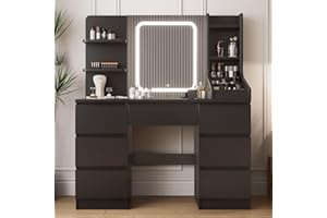 TRIUMPHKEY Dressing Table, Vanity Desk with LED Mirror, Adjustable Brightness, Modern Vanity Table with 7 Drawers, 4 Shelves and 3 Open Compartments for Bedroom, 110x40x139cm (Black)