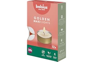 ‎BOLSIUS Bolsius Maxi-Teelichter mit goldenem Becher - 12 Stk. - 10 Stunden Brenndauer - Dekorative Haushaltskerzen - Unparfümiert - Mit Natürlichem Pflanzenwachs - Ohne Palmöl