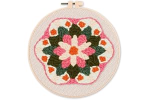 Figured'Art Punch Needle Kit Complet pour Adultes et Enfants - Couronne de Fleurs - Parfait pour Débutant. Set prêt à broder taille 20x20cm avec cadre circulaire