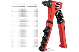 Toolwiz Rivet Gun One-Handed Pop Rivet Gun Kit with 200pcs Rivets, 4pcs Tool-Free Interchangeable Heads and 4pcs Drill Bits - Heavy Duty Hand Riveter for Metal, Wood, Plastic, Leather, Fabric