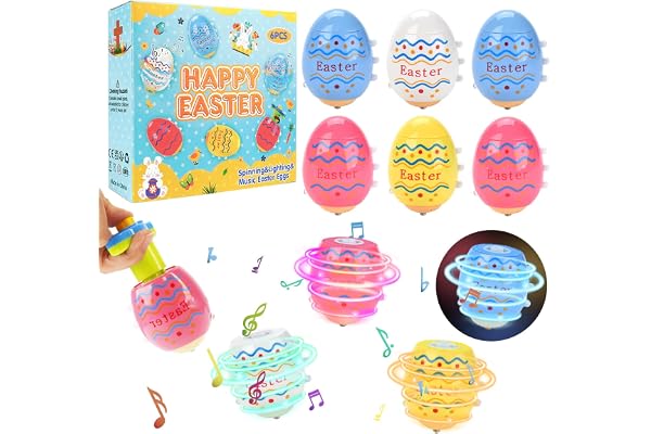 Aitsite Cadeaux de Pâques pour enfants - Lot de 6 œufs de Pâques lumineux - Jouet magique clignotant avec toupie musicale - Cadeaux de Pâques pour enfants à partir de 3, 4, 5, 6, 7, 8, 9, 10 ans