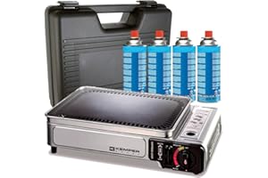 KEMPER - Plancha de gas portátil, 2300 W, antiadherente, con 4 cartuchos de camping gas y maletín de transporte