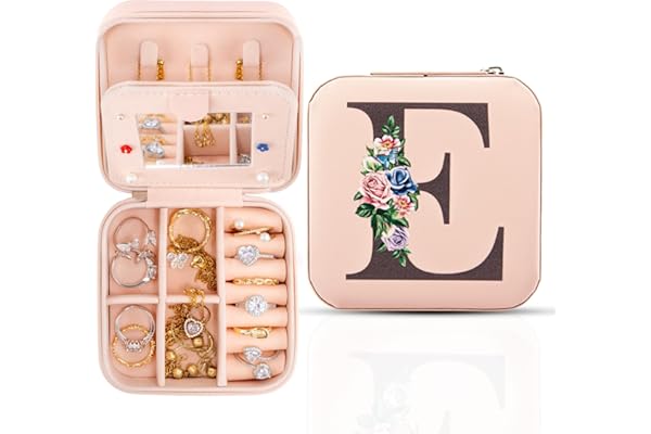Meschett Boîte à bijoux de voyage avec miroir, organisateur de porte-bijoux de voyage, organisateur de bagues, de colliers et de boucles d'oreilles, cadeaux pour les femmes et les filles,E