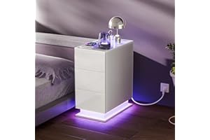 Chleby Estrecha Mesilla de Noche Blanco Brillante Mesilla de Noche con Enchufe Mesilla de Noche con 3 cajones Mesilla de Blanco con LED