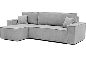‎GREKPOL GREKPOL 244x145 Sofa mit Schlaffunktion (200x125) - Cord Sofa 3 Sitzer - Hellgrau Ecksofa mit Schlaffunktion und Bettkasten - Schlafsofa mit Bettkasten - Couch