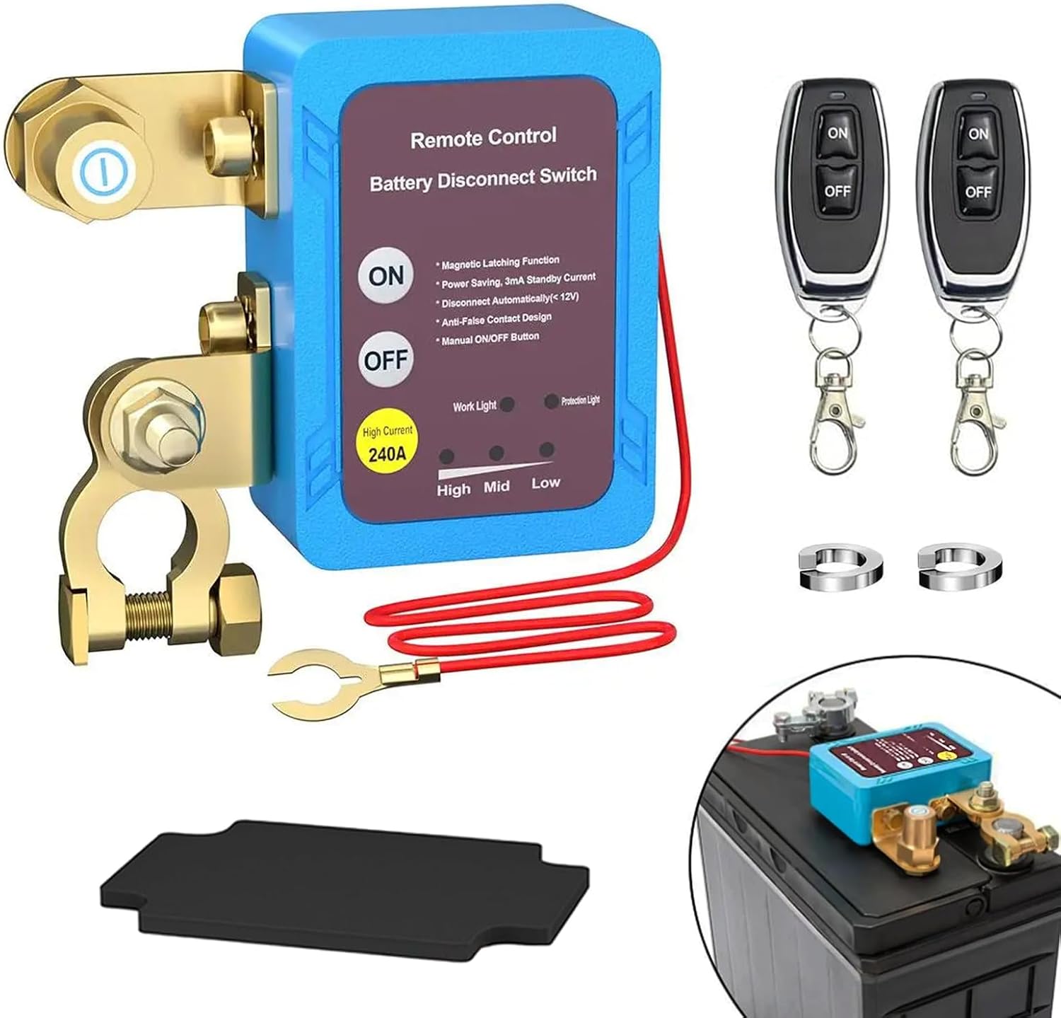 AULESSE Car Battery Disconnector, 12V 240A Short Current Car Battery, Remote Battery Disconnect Switch with 2 Remote Control,