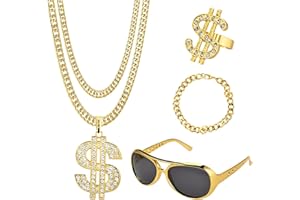 Tigvio 4 Stück Zuhälter Goldkette Fasching Kit, Hip Hop Gangster Rapper Kostüm Mit Herren Armbänder Ring Brillen, 70er 80er 90er Jahre Accessoires für Karneval Halloween Party