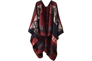 Sisifa Damen Boho Pullover Poncho Schal Wrap Cape Mantel Winter Herbst Vintage Print Stricken vorne offene Strickjacke Decke