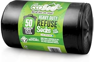 EcoBag - 50 Pack Heavy Duty Bin Bags - 50L -35 Microns - Recyclable Black Bin Bag with Leak Resistant Seal, Sustainable Refuse Sack, Eco-Friendly Rubbish for Home, Office & Kitchen (600x800 mm)