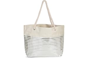 styleBREAKER bolso para la playa XXL de mujer con estampado de rayas metálicas y cremallera, bolso de hombro, bolso para compras 02012281, color:Beige-Plata