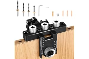 HUALIANG Zestaw przyrządów do otworów kieszonkowych 3 w 1, 8/10/15 mm, przyrząd do otworów kieszonkowych z klipsem pozycjonującym, regulowana prowadnica wiercenia, narzędzia stolarskie