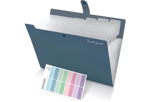 KONVINIT Organiseur de fichiers A4 8 poches extensibles étiquettes colorées grande capacité bleu