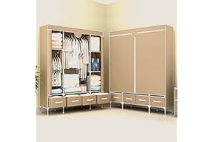 Anmas Power Canvas Wardrobe with 4 Drawers, Light Coffee | Multi-Functional Clothes Storage with Hanging Rail and Shelves, Durable and Space-Saving, 150X45X170CM