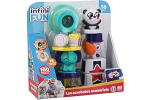 Infini Fun, Les acrobates sensoriels, Jouet Premier âge, Jouet d’éveil sensoriel, Jouet d’empilement et trieur de Forme, kaléidoscope, Multicolore 25 cm