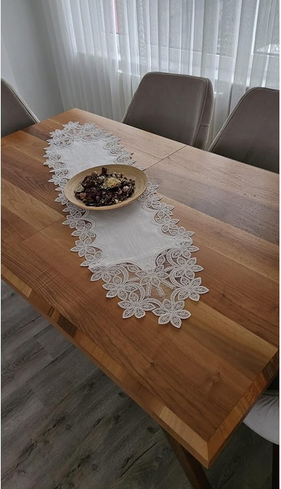 ZESA HOME Lüx Fransız Dantelli Keten Gardeya Runner Ekru Fulya 40 x 140
