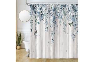 Uiiooazy Duschvorhang 200x180cm, Duschvorhang Anti Schimmel Eukalyptus Blau Blätter Holzbrett Blumen Vintage Duschvorhänge Wasserdicht Polyester Stoff Waschbar Bad Vorhang mit 12 Haken für Badezimmer