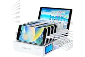 IOUGDSEC Stacja ładująca z przełącznikiem, QC3.0, szybka ładowarka, 7 portów, ładowarka USB, ładowarka do telefonu komórkowego, kompatybilna z iPhone, iPad, Samsung, 7 kabli w zestawie, biała