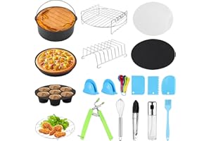 HOMGEN - Accessori per Friggitrice ad Aria - 17PZ Accessori da 9" per Air Fryer GoWise Phillips Cozyna Power 5.3QT-8QT Padelle Torta Pizza Griglie Stampi per Muffin Frusta Misurini Tagliapasta Spatole