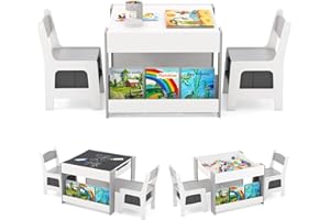 GOPLUS Table Enfant avec 2 Chaises, 4 en 1 Table de Dessin avec Plateu Réversible et Tableau Noir, Petit Bureau Enfant avec 2 Boîtes de Rangement Amovible, Étagères à Livres (Gris)