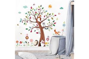 wondever Adesivi Murali Animali Foresta Albero Sticker da Muro Giardino Fiori Volpe Scoiattolo Adesivi da Parete per Asilo Nido Camerette Bambini