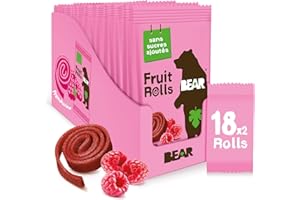 BEAR Fruit Rolls Saveur Framboise | 100% Ingrédients Naturels | Sans Sucres Ajoutés | Goûter Sain pour Enfants & Adultes | 18 Sachets de 20g | 360g